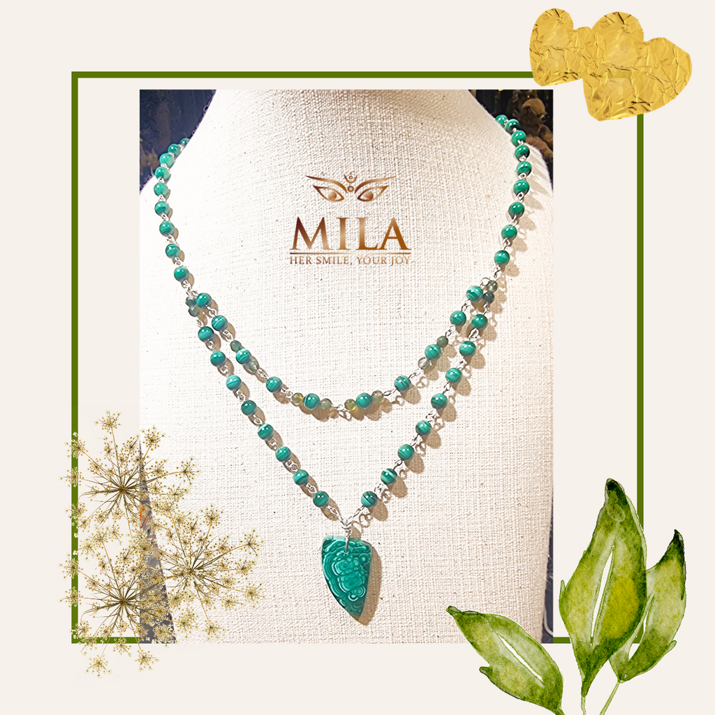 A unique single to double strand necklace created bespoke as a gift of love. Designed and handmade with Malachite on Sterling Silver