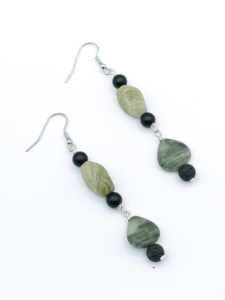 Contemporary dangling earrings handmade with Green Line Jasper, Onyx and Lava Rock, on rhodium plated hooks