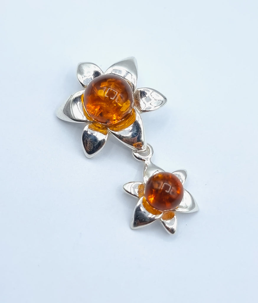 2 Flower drop pendant, Sterling Silver, Natural cognac Baltic Amber