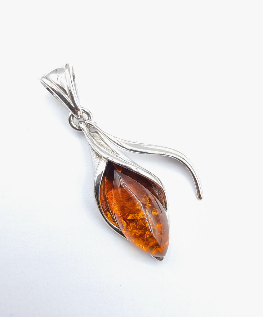 Natural Baltic Amber, from Poland, set on Sterling Silver, featuring Cala Lily with leaf