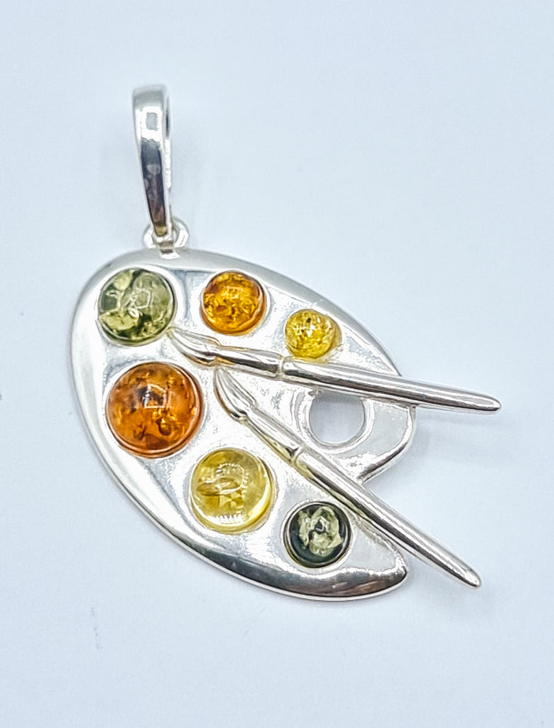 Pendant, Artist's palette, Sterling Silver, 3 tones of natural Baltic Amber, Cognac, Light yellow, Green