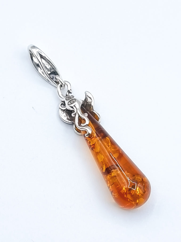 Natural teardrop cognac Baltic Amber pendant, beautiful decorative butterfly bail, Sterling Silver 