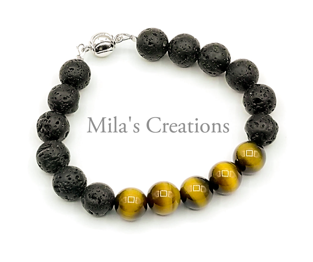 A handmade Bracelet designed with Yellow Tiger's Eye combined with the natural Lava Rock, and a rhodium-plated magnetic clasp makes it perfect for both women and men