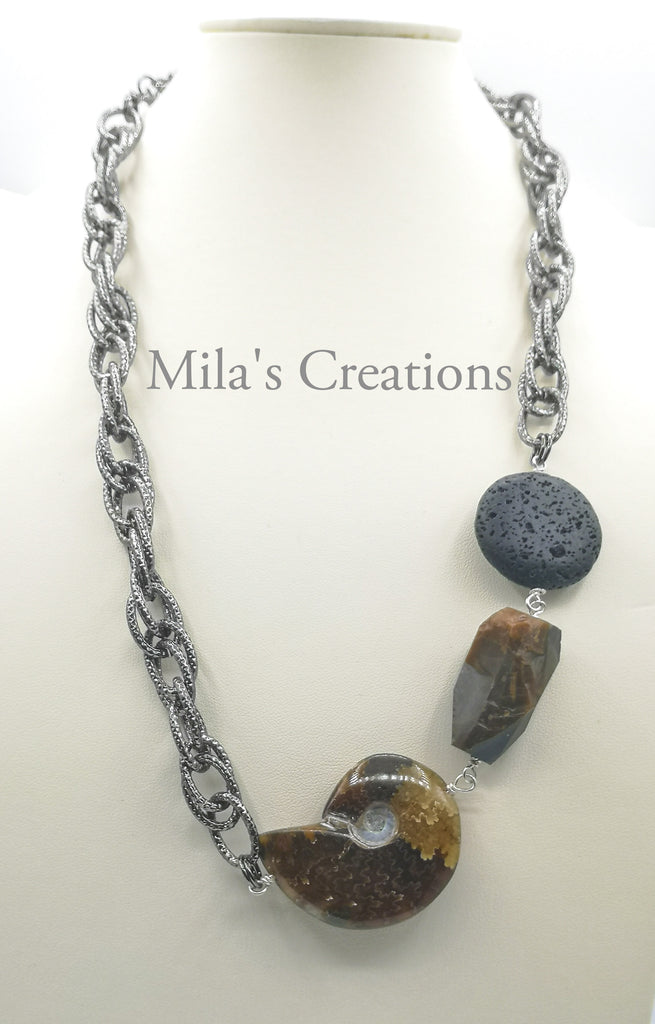 'Elements of Earth' - A truly one of a kind asymmetric necklace designed with a combination of Ammonite, Petrified Wood and Lava Rock.