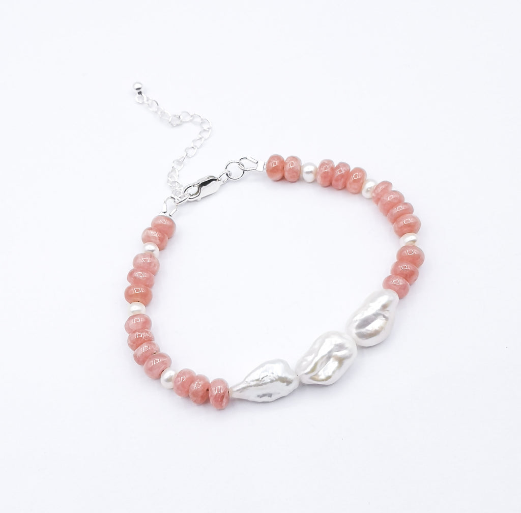 Natural Rhodochrosite bracelet with Freshwater Baroque Pearl with Sterling Silver clasp