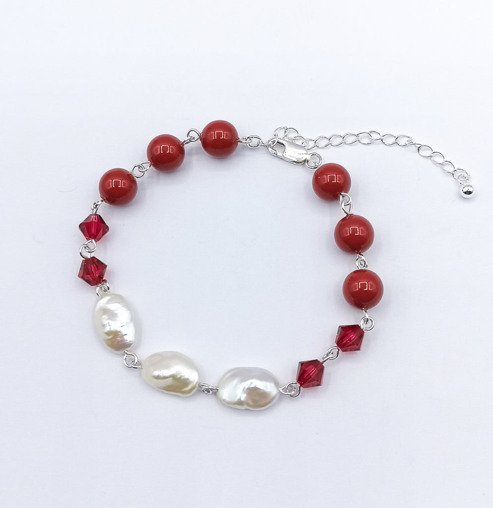 Red Swarovski Crystals and Pearls with Freshwater Baroque Pearl Bracelet on Sterling Silver