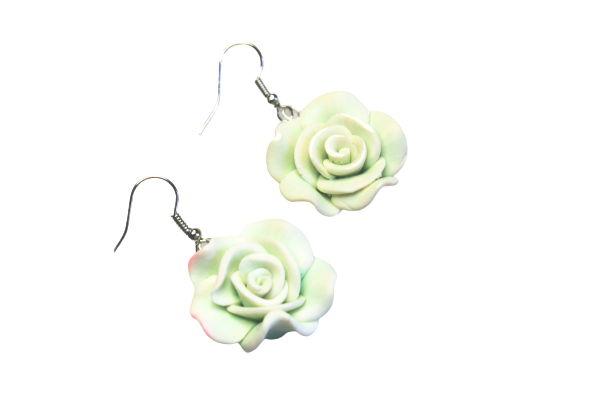 A pair of beautiful Japanese Clay Rose earrings, in light green, and combined with imitation Pearls, on Stainless Steel hooks