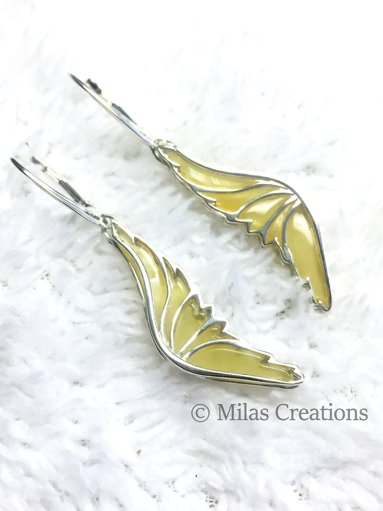 Wing shaped Natural Baltic Amber, Sterling Silver, from Lithuania