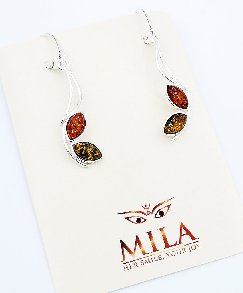 Natural Baltic Amber dangling earrings, Cognac and Green hues, set on Sterling Silver. The origin Lithuania.