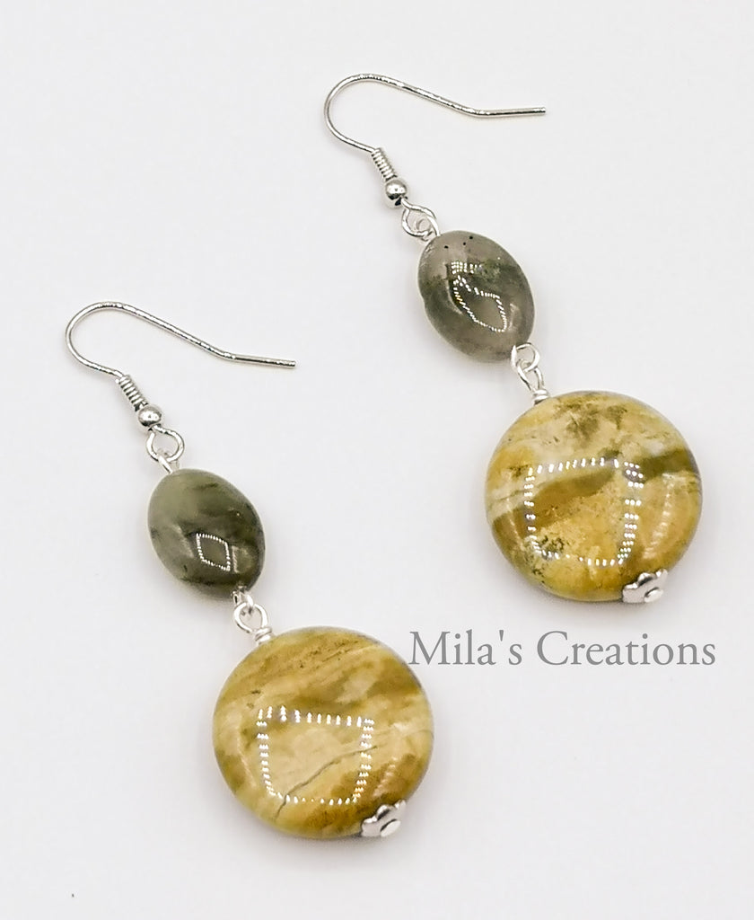 A pair of handmade dangling earrings designed with a combination of Ocean Jasper and Rutilated Quartz